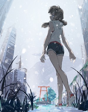 Anime girl walking through snowy city with torii gate