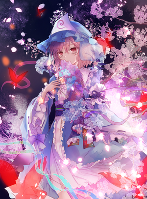 Saigyouji Yuyuko from Touhou holding a fan