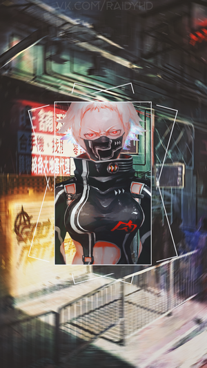 Anime girl with mask in cyberpunk city