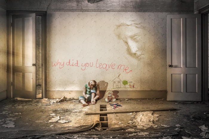 Abandoned Room with Sad Girl and Teddy Bear 4K