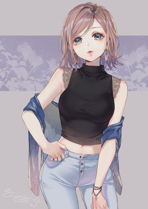 Anime girl in black top and jeans