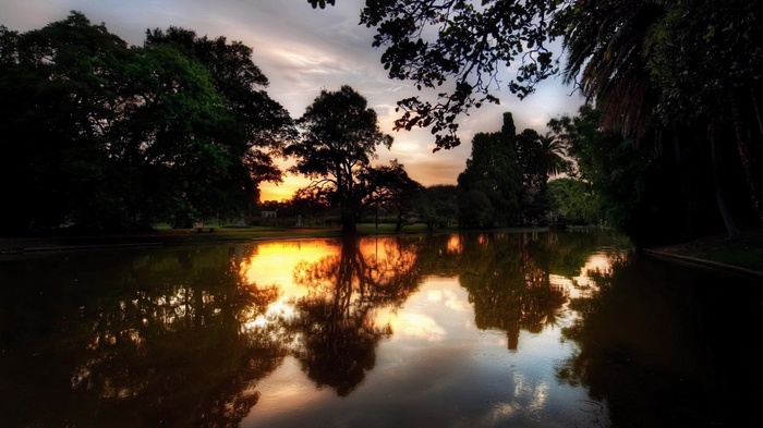 Sunset reflected in a park lake with silhouetted trees