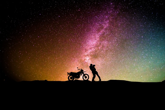 Night sky, Girl friend, Motorcycle, 4K, Silhouette, Northern Lights, Romantic kiss, Couple