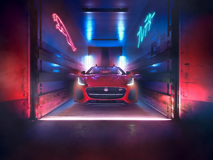 Jaguar F-Type SVR in neon-lit garage 4K