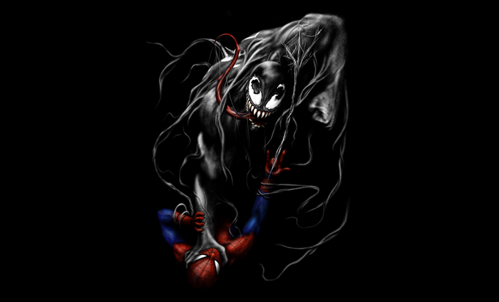 Venom attacking Spider-Man on a dark background