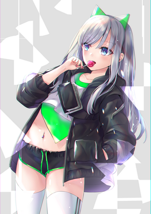 Anime girl with silver hair and cat ears eating a lollipop