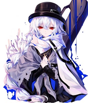 Anime girl with white hair and red eyes wearing a hat