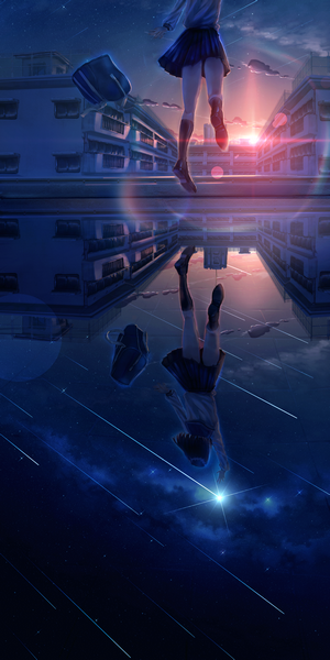 Anime girl jumping over a reflection of herself