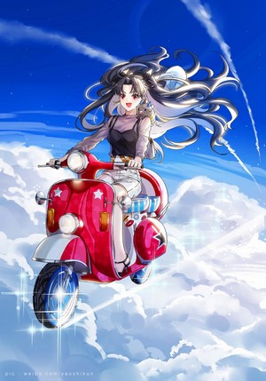 Ishtar from Fate/Grand Order riding a scooter in the sky