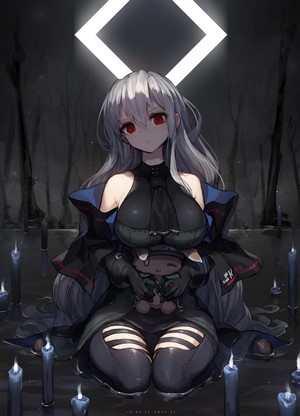 Anime girl with white hair and red eyes holding a plush toy