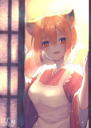 Fox girl in kimono and apron looking at viewer