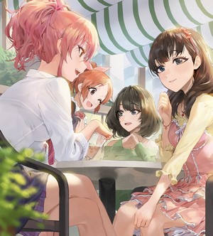 Anime girls sitting at a cafe table