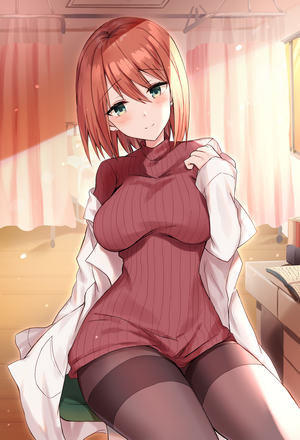 Anime girl in a doctor's coat and sweater dress