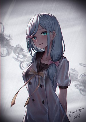 Anime girl with blue hair in the rain
