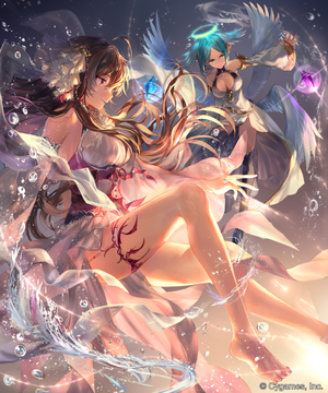 Two anime girls in water with wings