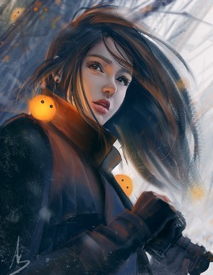 Woman with long hair and glowing orbs