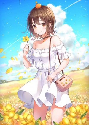 Anime girl with orange on head in a field of yellow flowers