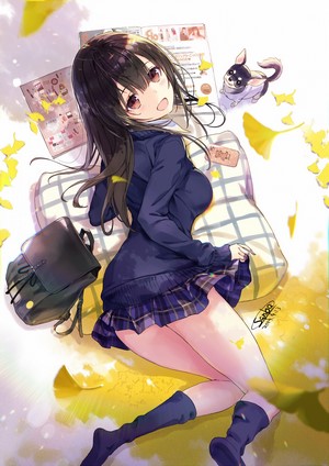 Anime girl in school uniform with dog and backpack