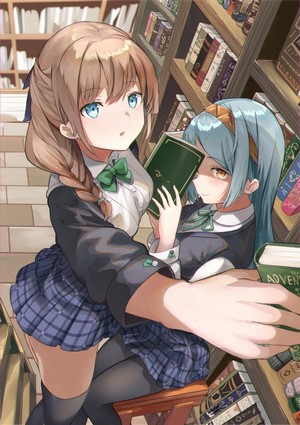 Two anime girls reading in a library