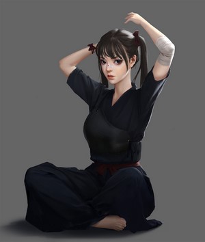 Artwork of a young woman with dark hair in a black uniform