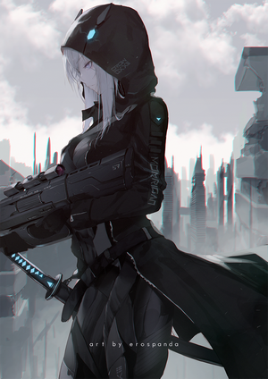 Anime girl with futuristic rifle and katana