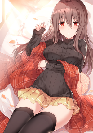 Anime girl with brown hair and red eyes lying down