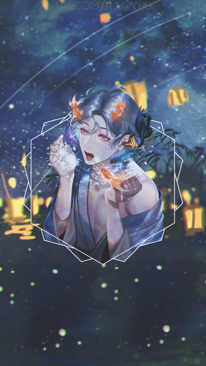 Anime boy with goldfish and lanterns