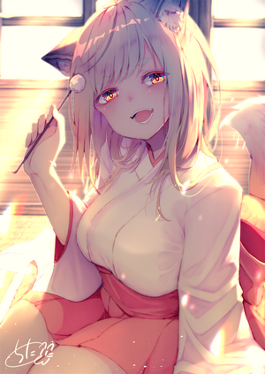 Anime girl with fox ears and tail in kimono