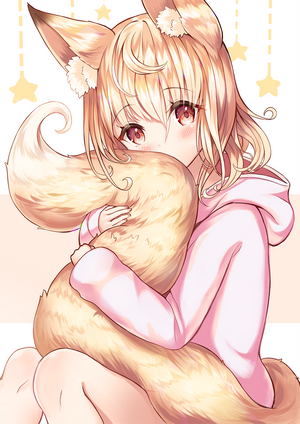 Anime girl with fox ears and tail hugging a fluffy tail
