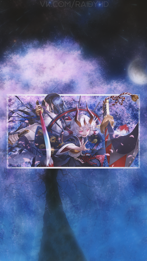 Anime characters with swords and cherry blossoms