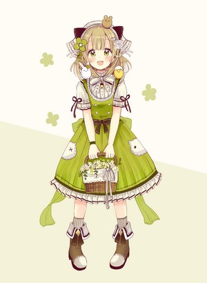 Anime girl in green dress holding a flower basket