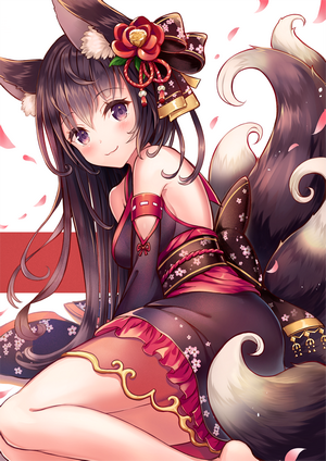Anime girl with fox ears and tails in kimono