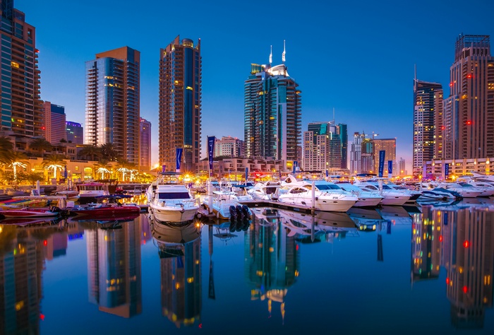 Dubai Marina Skyline with Yachts at Dusk