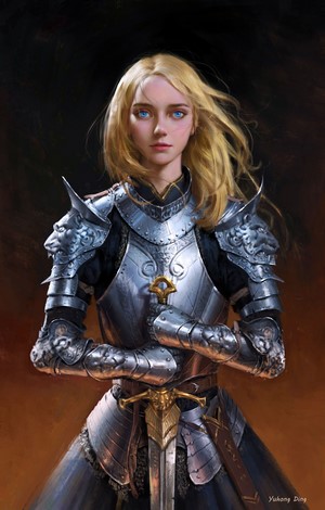 Artwork of a blonde knight in armor holding a sword