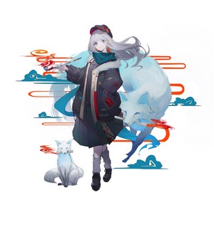 Anime girl with two foxes and abstract elements