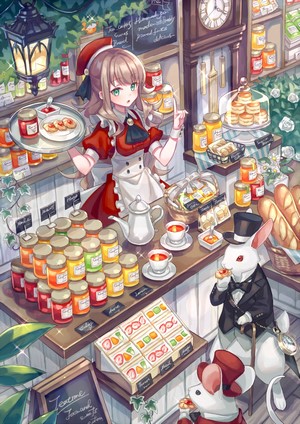 Anime Maid Serving Jams and Pastries with Rabbits