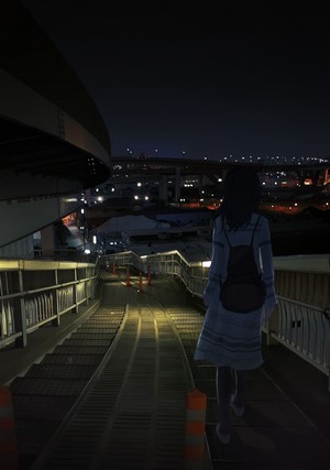 Anime girl walking down stairs at night