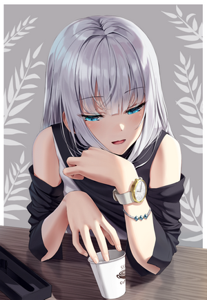 Anime girl with silver hair and blue eyes holding a coffee cup