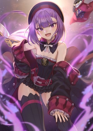Anime girl with purple hair and a dark outfit