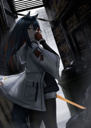 Texas from Arknights in an alleyway