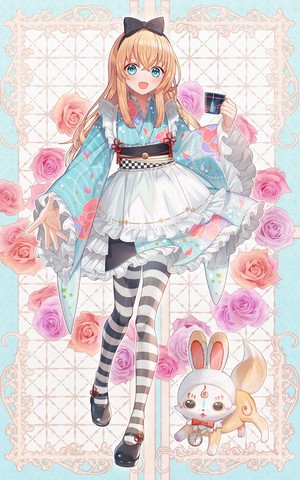 Anime girl in kimono with rabbit-like creature