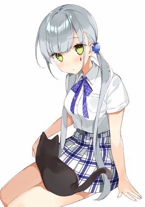 Anime girl with pigtails and a black cat