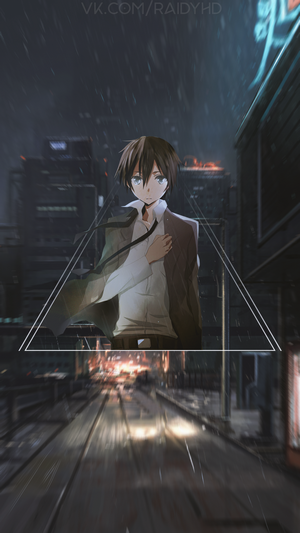 Anime boy in suit in rainy city