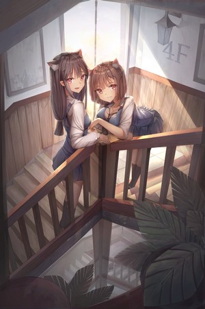 Two anime girls with cat ears on stairs