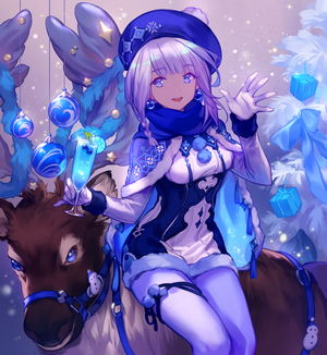 Anime Girl with Silver Hair Riding a Reindeer
