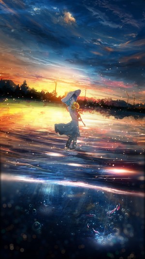 Anime girl with sunflowers and hat by the water at sunset