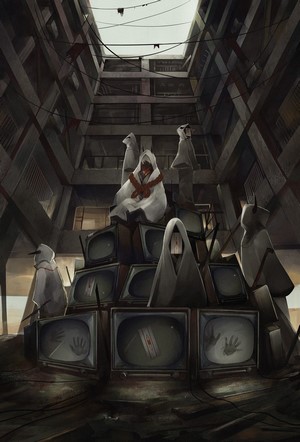 Figures in robes gathered around televisions