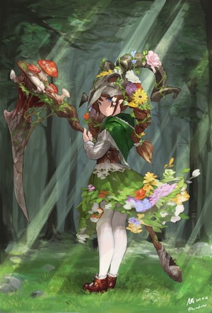 Anime girl with scythe in forest