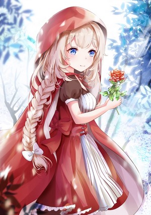 Anime girl in red hood holding a rose