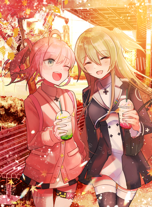Two anime girls with drinks in autumn